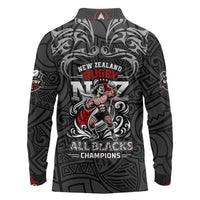 All Black NZL Rugby Champions Long Sleeve Polo Shirt Maori Warrior DT02 - Polynesian Pride