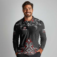 All Black NZL Rugby Champions Long Sleeve Polo Shirt Maori Warrior DT02 - Polynesian Pride