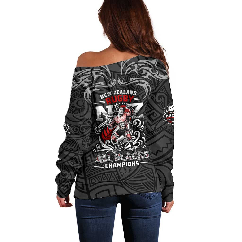 All Black NZL Rugby Champions Off Shoulder Sweater Maori Warrior DT02 - Polynesian Pride