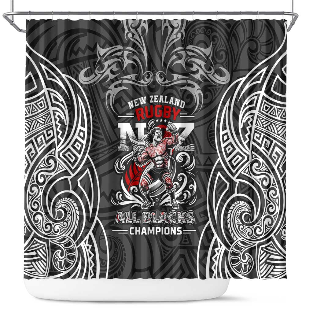 All Black NZL Rugby Champions Shower Curtain Maori Warrior DT02 Black - Polynesian Pride