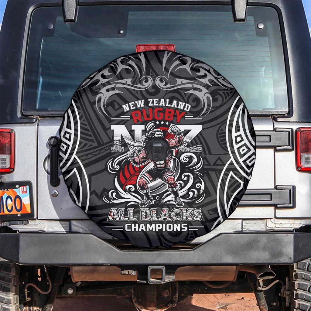 All Black NZL Rugby Champions Spare Tire Cover Maori Warrior DT02 Black - Polynesian Pride