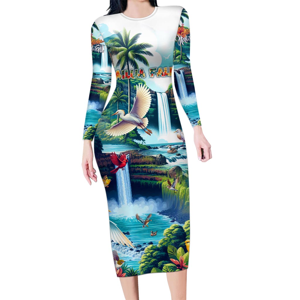 Wailua Falls Hawaii Long Sleeve Bodycon Dress Kauai Natural Beauty DT02 Long Dress Art - Polynesian Pride