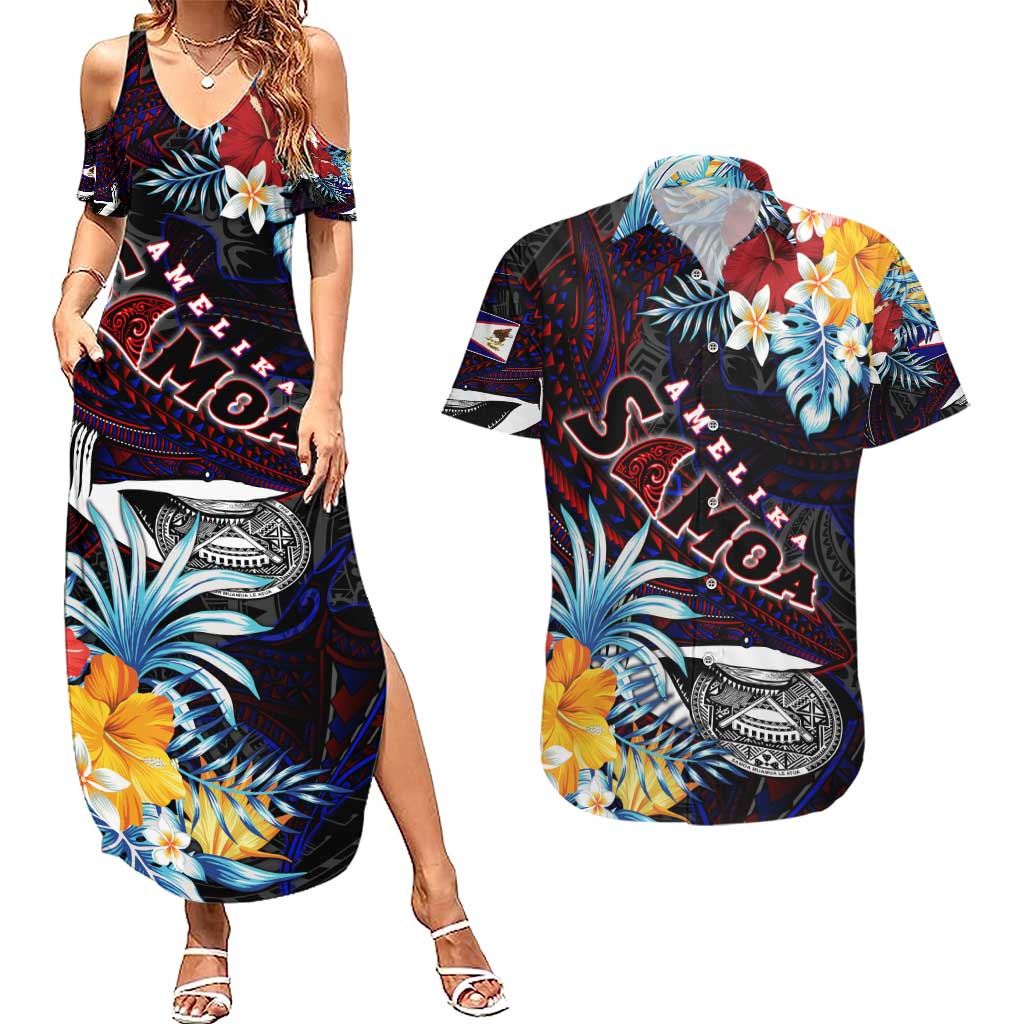 Personalized Amelika Samoa Sharks Polynesia Couples Matching Summer Maxi Dress and Hawaiian Shirt American Samoa