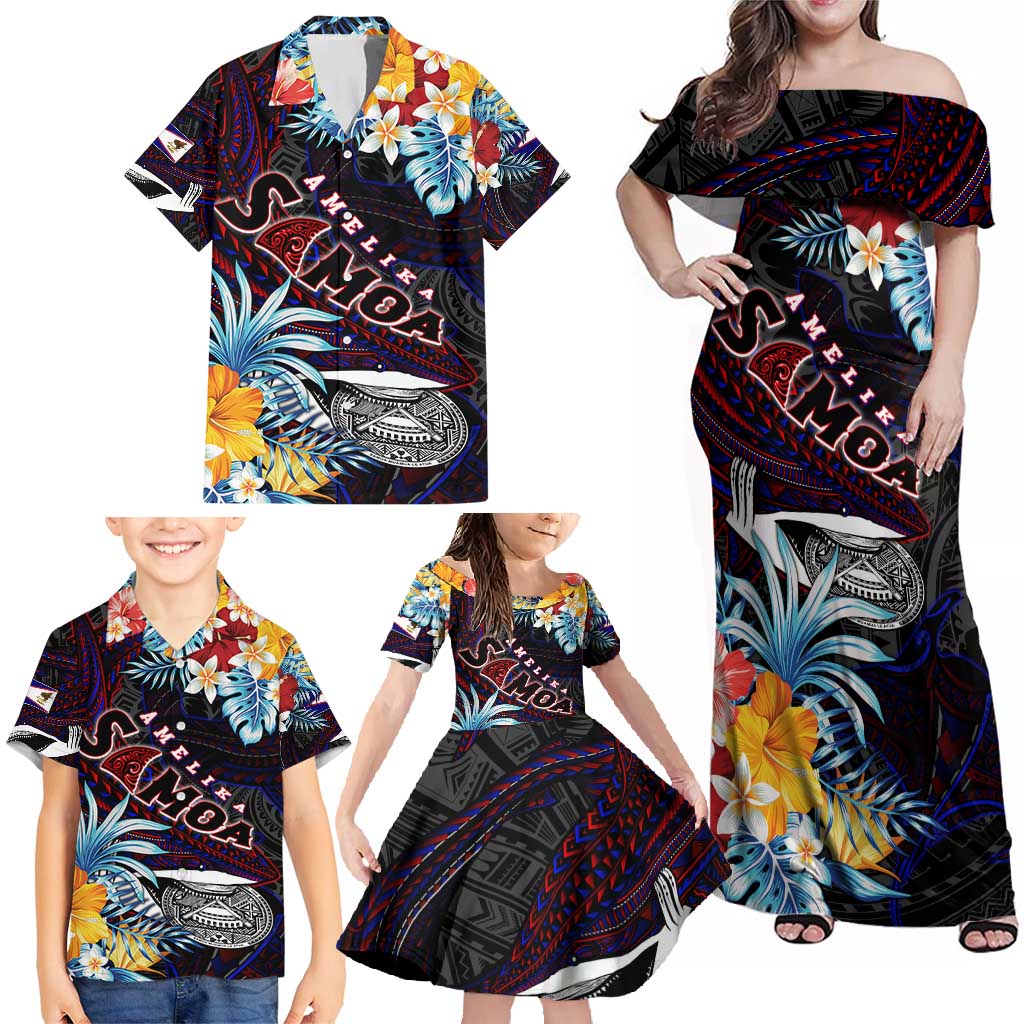 Personalized Amelika Samoa Sharks Polynesia Family Matching Off Shoulder Maxi Dress and Hawaiian Shirt American Samoa