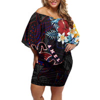 Personalized Amelika Samoa Sharks Polynesia Off Shoulder Short Dress American Samoa DT02 Women Black - Polynesian Pride