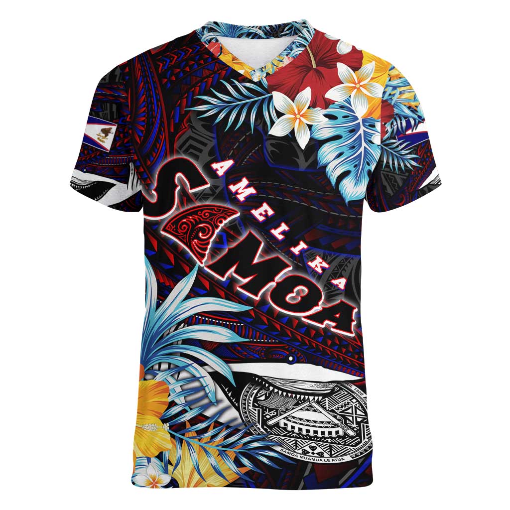 Personalized Amelika Samoa Sharks Polynesia Women V-Neck T-Shirt American Samoa