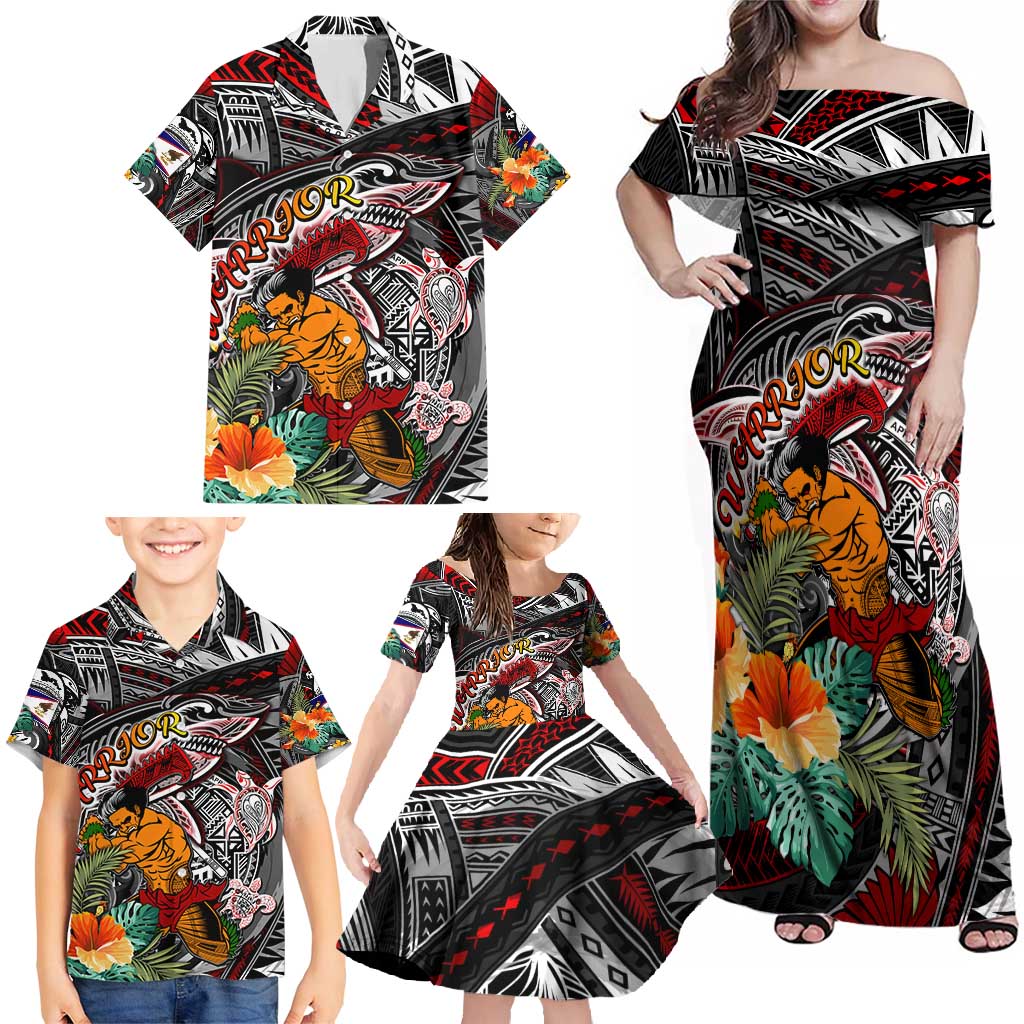 Personalized American Samoa Warrior Family Matching Off Shoulder Maxi Dress and Hawaiian Shirt Shark Turtle Polynesian Tattoo