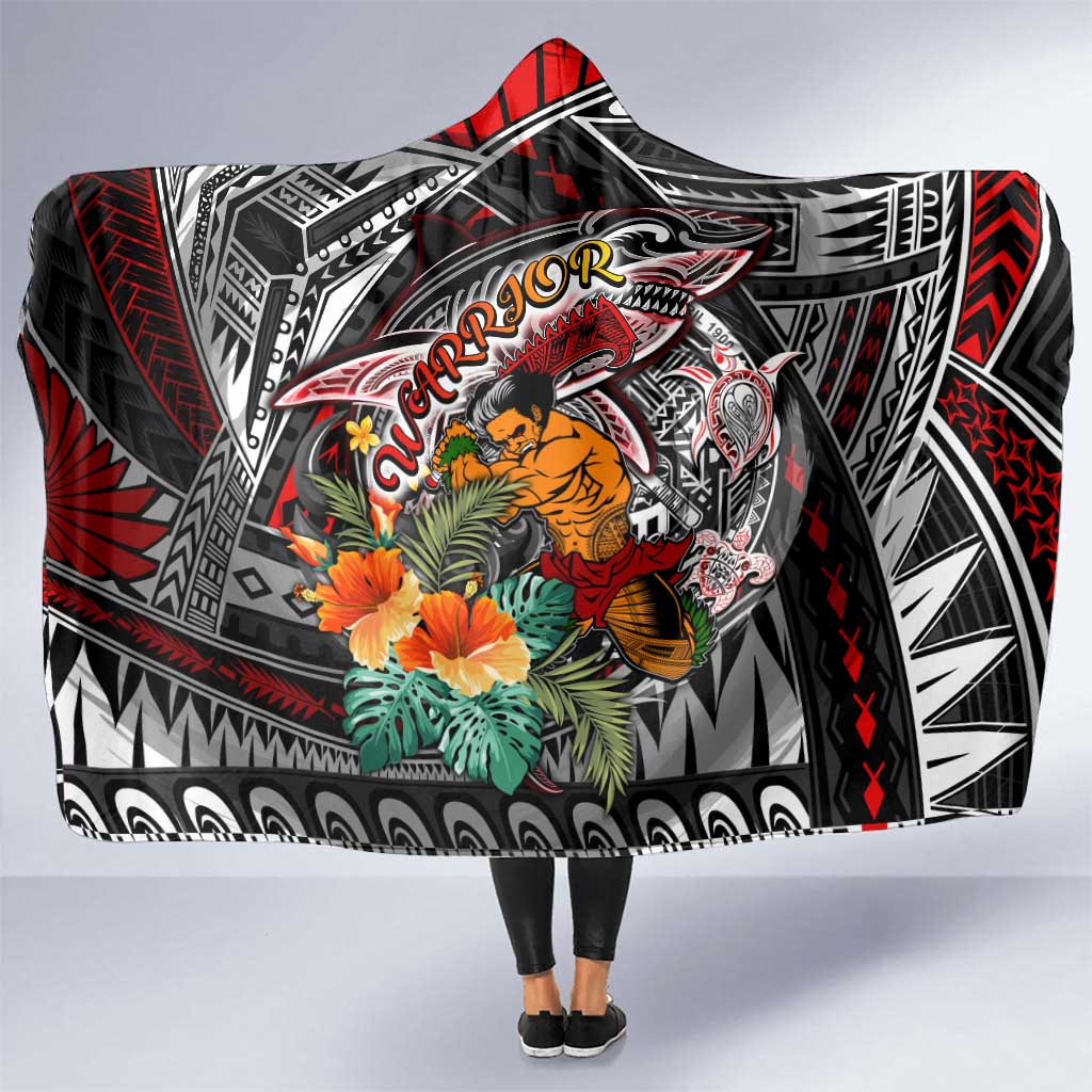 American Samoa Warrior Hooded Blanket Shark Turtle Polynesian Tattoo DT02 One Size Black - Polynesian Pride