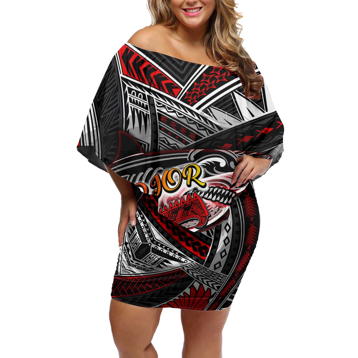 Personalized American Samoa Warrior Off Shoulder Short Dress Shark Turtle Polynesian Tattoo DT02 Women Black - Polynesian Pride