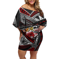 Personalized American Samoa Warrior Off Shoulder Short Dress Shark Turtle Polynesian Tattoo DT02 Women Black - Polynesian Pride