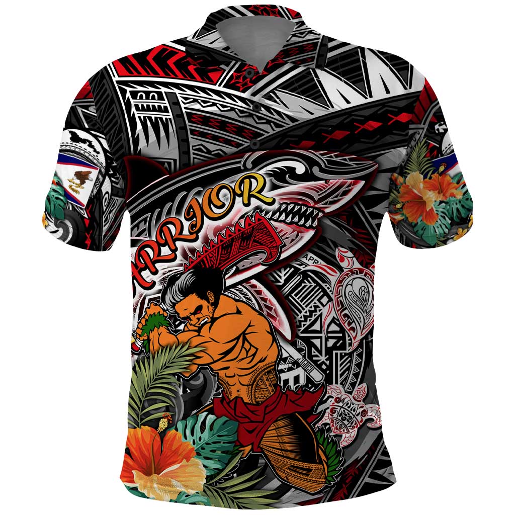 Personalized American Samoa Warrior Polo Shirt Shark Turtle Polynesian Tattoo DT02 Black - Polynesian Pride