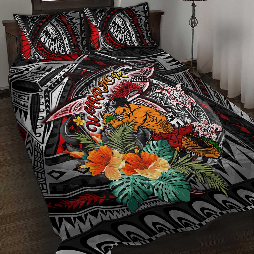 American Samoa Warrior Quilt Bed Set Shark Turtle Polynesian Tattoo DT02 Black - Polynesian Pride