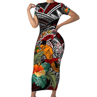 Personalized American Samoa Warrior Short Sleeve Bodycon Dress Shark Turtle Polynesian Tattoo DT02 Long Dress Black - Polynesian Pride