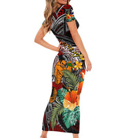 Personalized American Samoa Warrior Short Sleeve Bodycon Dress Shark Turtle Polynesian Tattoo DT02 - Polynesian Pride