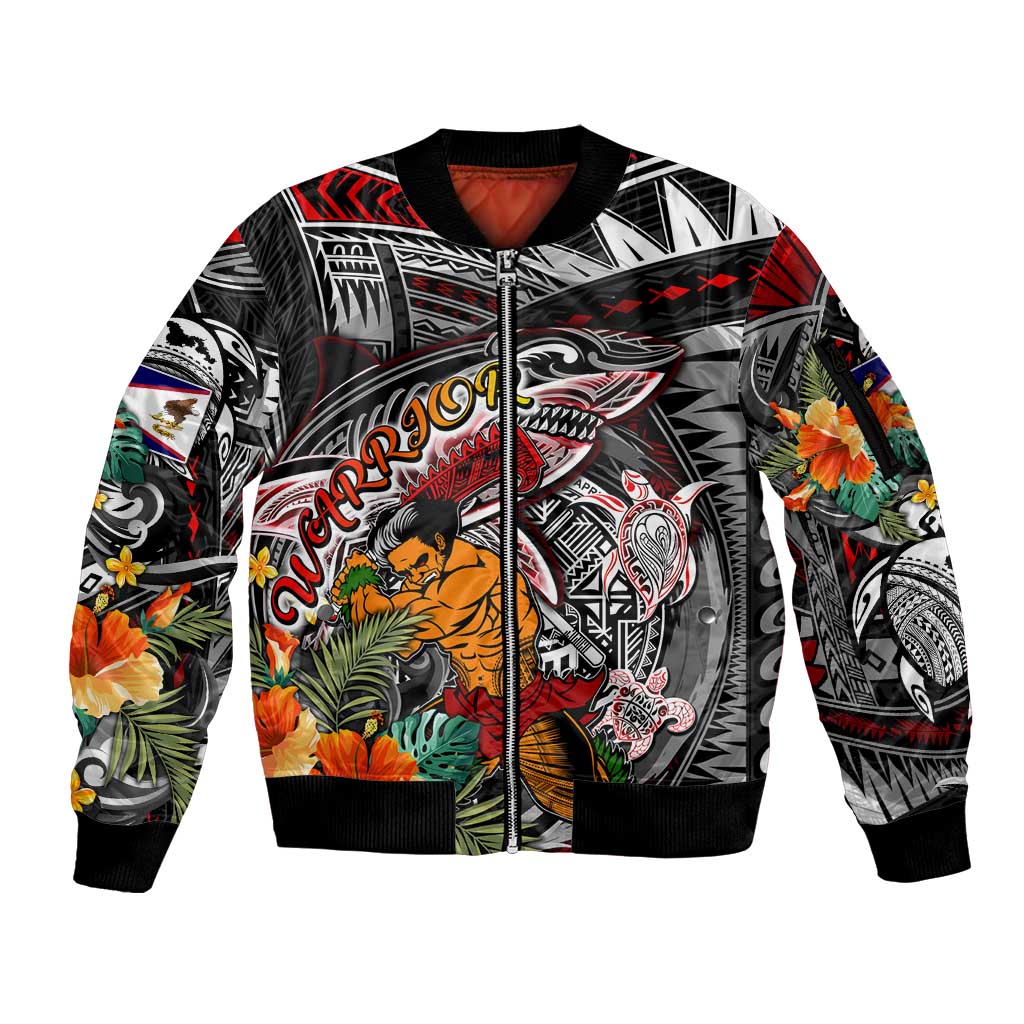 Personalized American Samoa Warrior Sleeve Zip Bomber Jacket Shark Turtle Polynesian Tattoo DT02 Unisex Black - Polynesian Pride