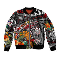 Personalized American Samoa Warrior Sleeve Zip Bomber Jacket Shark Turtle Polynesian Tattoo DT02 Unisex Black - Polynesian Pride