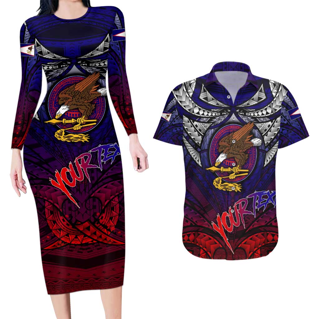 Personalized American Samoa Flag Couples Matching Long Sleeve Bodycon Dress and Hawaiian Shirt Eagles Polynesian Art