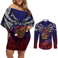 Personalized American Samoa Flag Couples Matching Off Shoulder Short Dress and Long Sleeve Button Shirt Eagles Polynesian Art DT02 Blue - Polynesian Pride