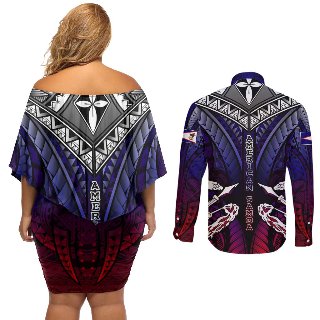 Personalized American Samoa Flag Couples Matching Off Shoulder Short Dress and Long Sleeve Button Shirt Eagles Polynesian Art DT02 - Polynesian Pride