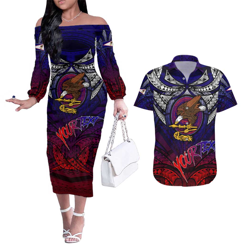 Personalized American Samoa Flag Couples Matching Off The Shoulder Long Sleeve Dress and Hawaiian Shirt Eagles Polynesian Art