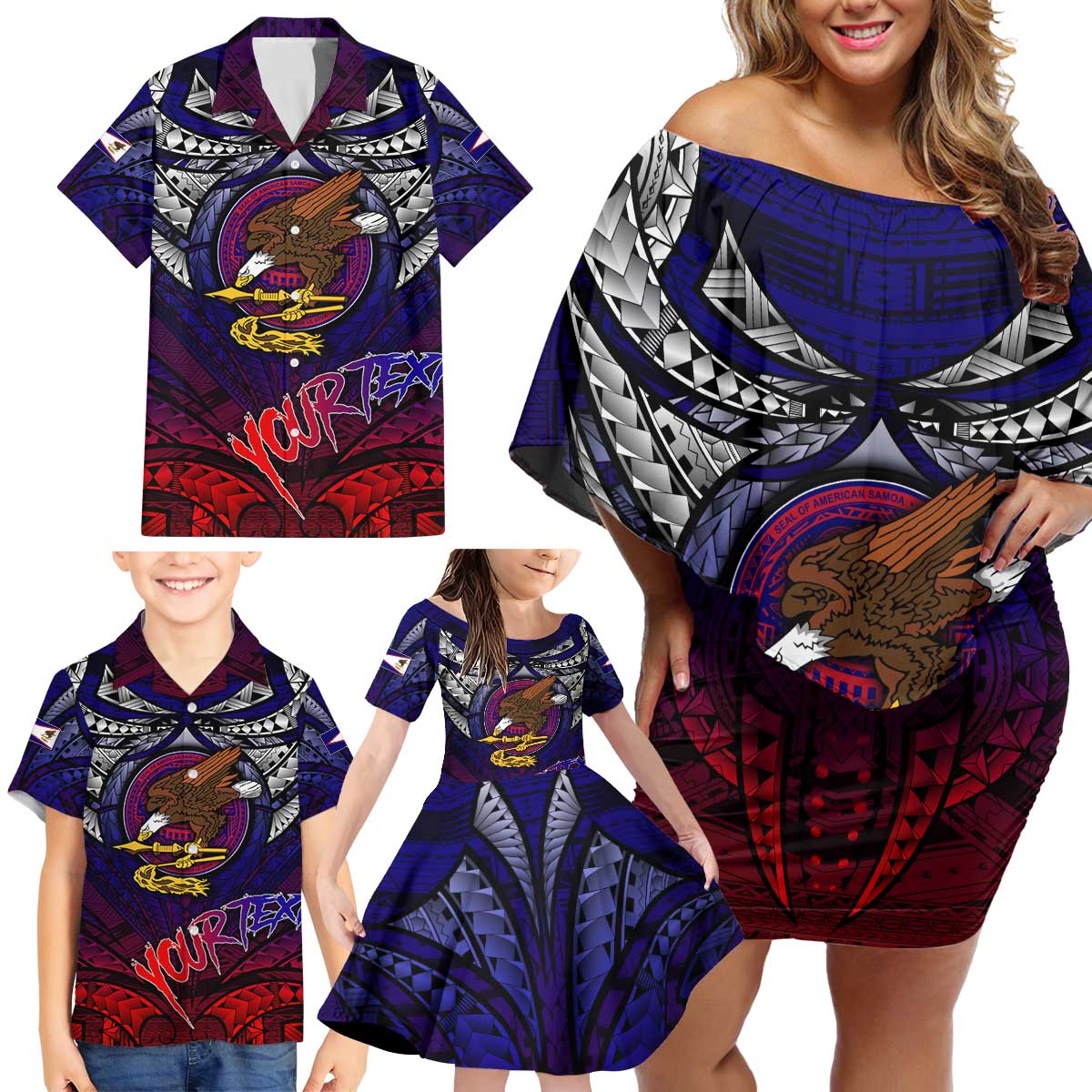 Personalized American Samoa Flag Family Matching Off Shoulder Short Dress and Hawaiian Shirt Eagles Polynesian Art