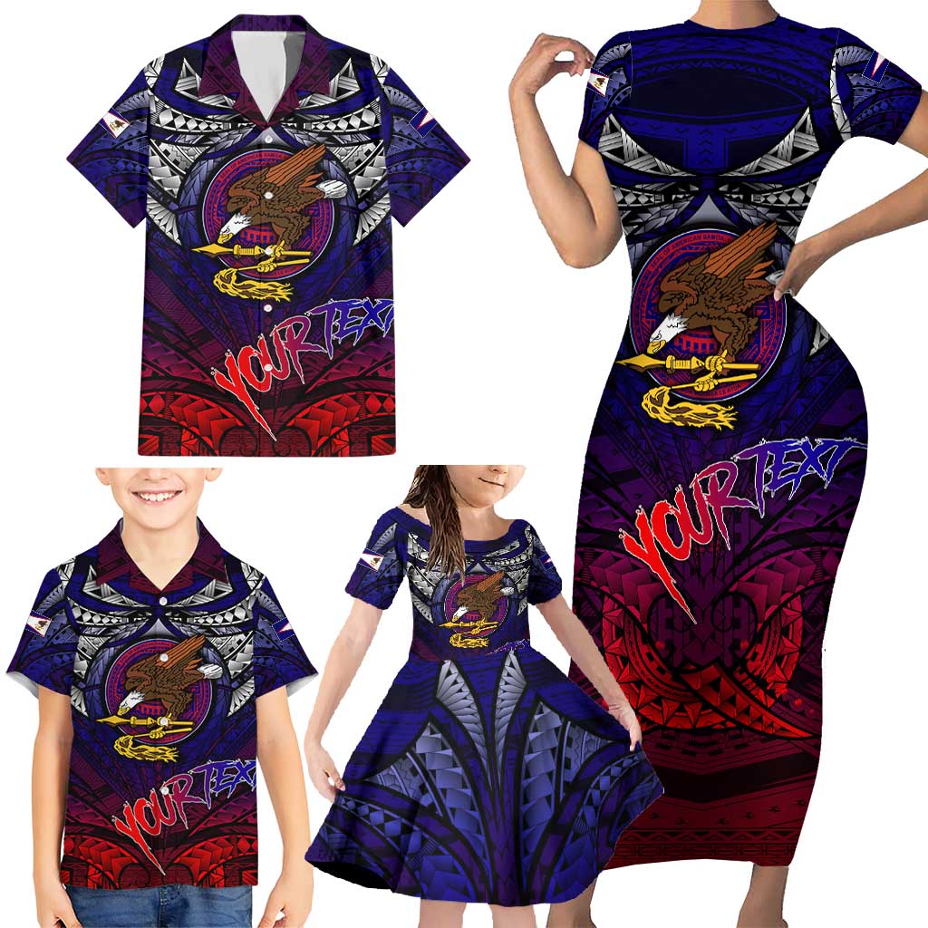 Personalized American Samoa Flag Family Matching Short Sleeve Bodycon Dress and Hawaiian Shirt Eagles Polynesian Art