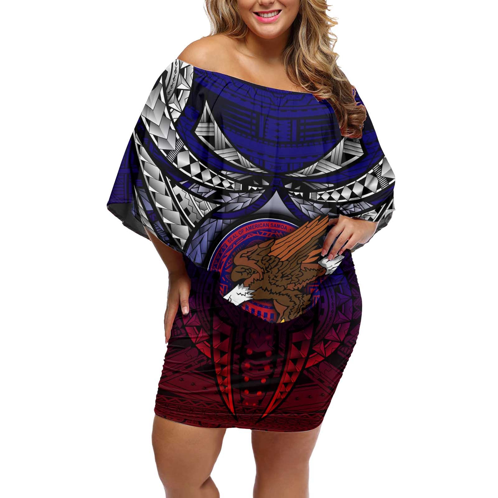 Personalized American Samoa Flag Off Shoulder Short Dress Eagles Polynesian Art DT02 Women Blue - Polynesian Pride