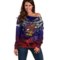 Personalized American Samoa Flag Off Shoulder Sweater Eagles Polynesian Art DT02 Women Blue - Polynesian Pride