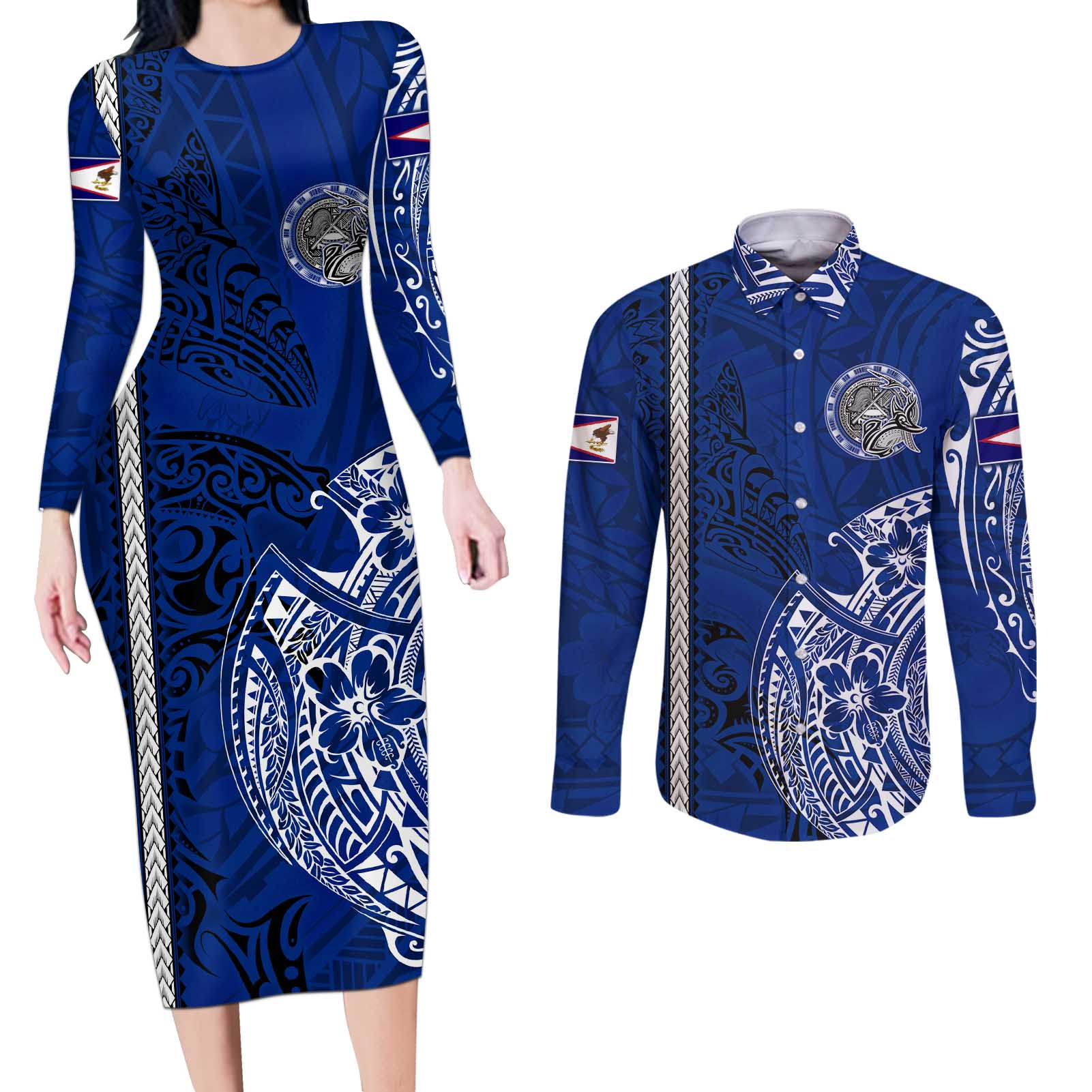 Sharks And American Samoa Couples Matching Long Sleeve Bodycon Dress and Long Sleeve Button Shirt Simple Polynesian Blue