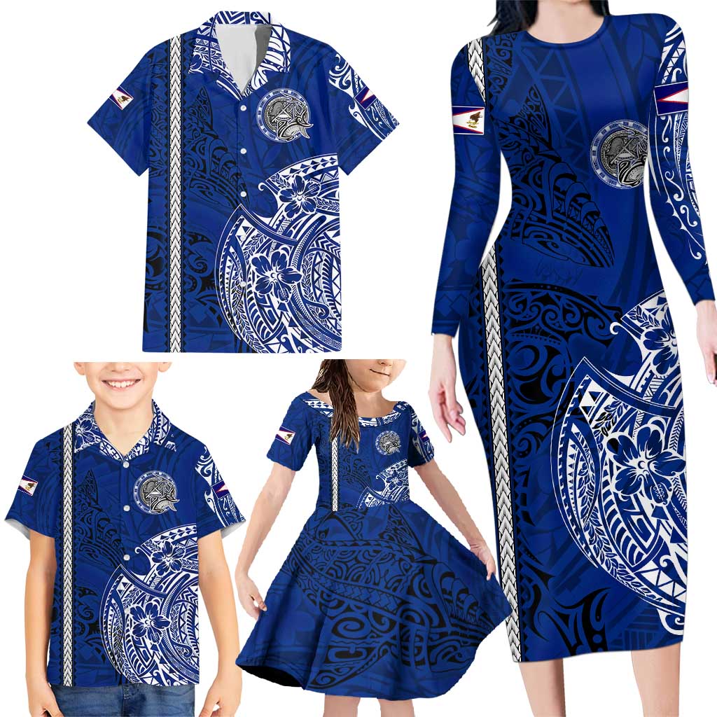 Sharks And American Samoa Family Matching Long Sleeve Bodycon Dress and Hawaiian Shirt Simple Polynesian Blue