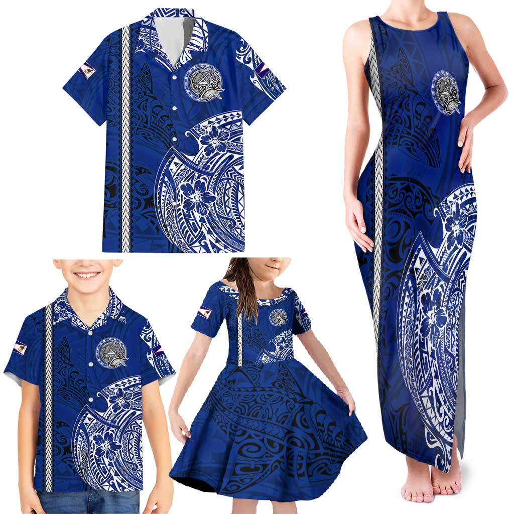 Sharks And American Samoa Family Matching Tank Maxi Dress and Hawaiian Shirt Simple Polynesian Blue