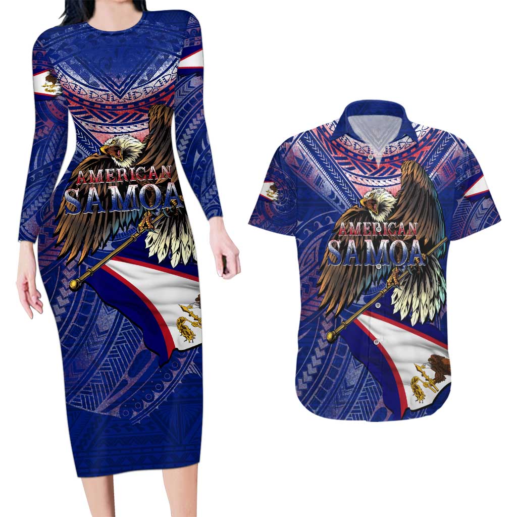 American Samoa Couples Matching Long Sleeve Bodycon Dress and Hawaiian Shirt Brave Eagle Flag Color