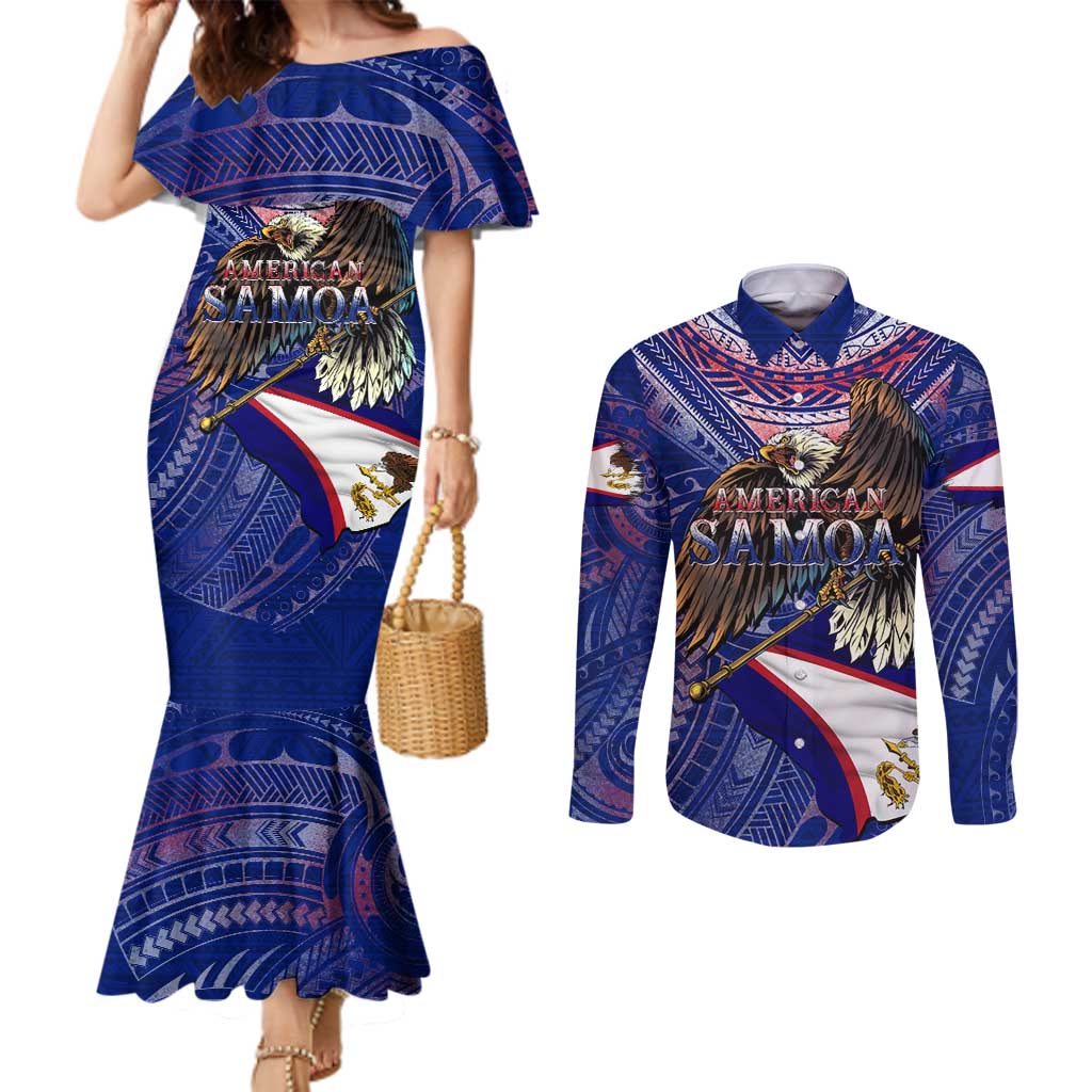 American Samoa Couples Matching Mermaid Dress and Long Sleeve Button Shirt Brave Eagle Flag Color