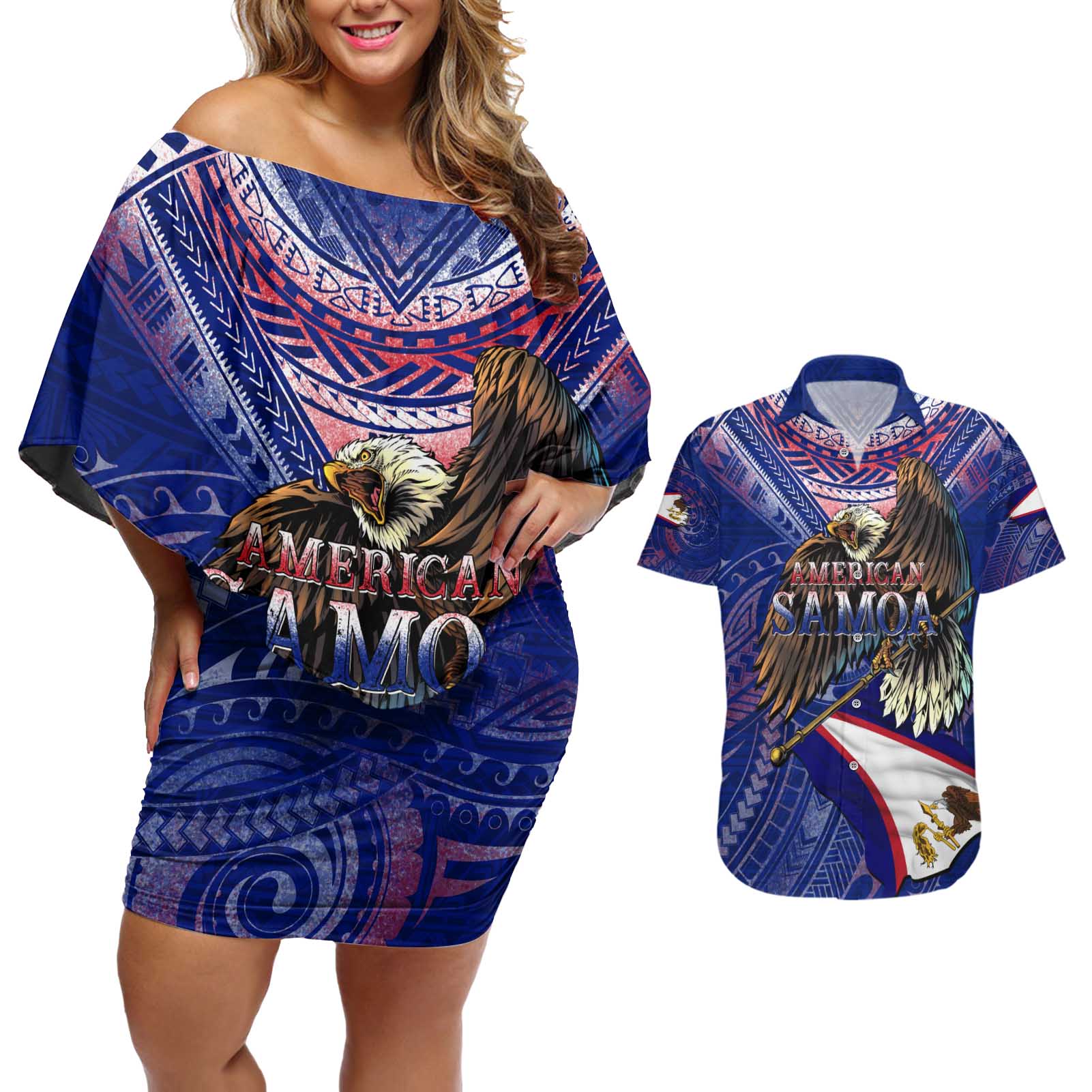 American Samoa Couples Matching Off Shoulder Short Dress and Hawaiian Shirt Brave Eagle Flag Color