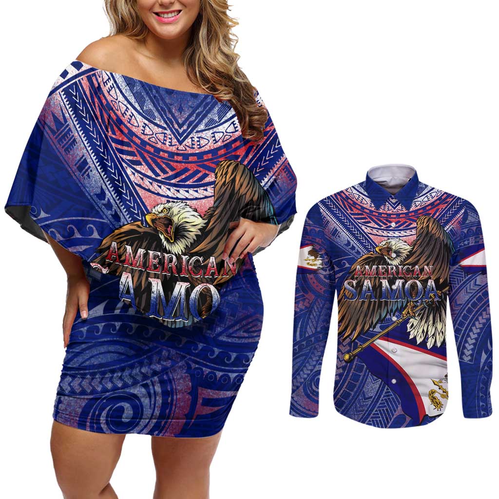 American Samoa Couples Matching Off Shoulder Short Dress and Long Sleeve Button Shirt Brave Eagle Flag Color