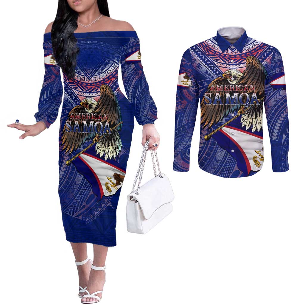 American Samoa Couples Matching Off The Shoulder Long Sleeve Dress and Long Sleeve Button Shirt Brave Eagle Flag Color