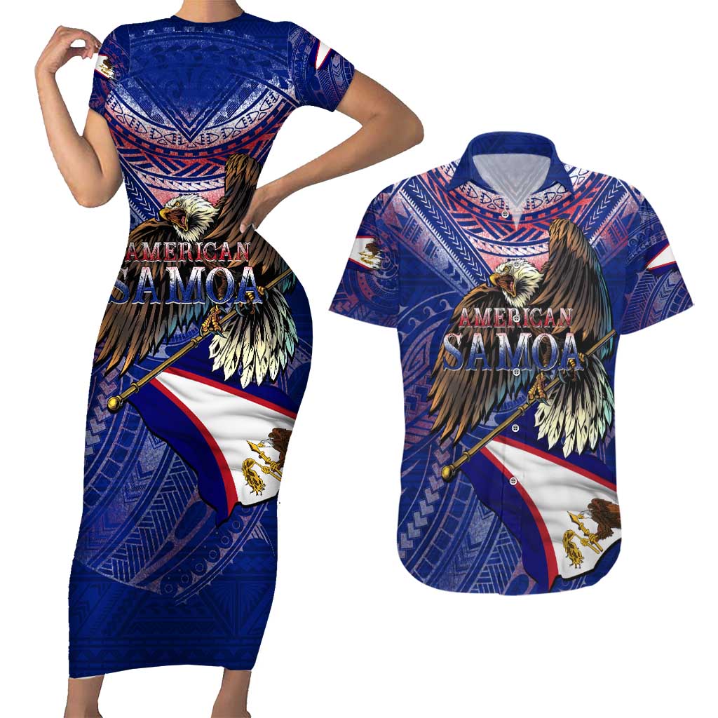 American Samoa Couples Matching Short Sleeve Bodycon Dress and Hawaiian Shirt Brave Eagle Flag Color