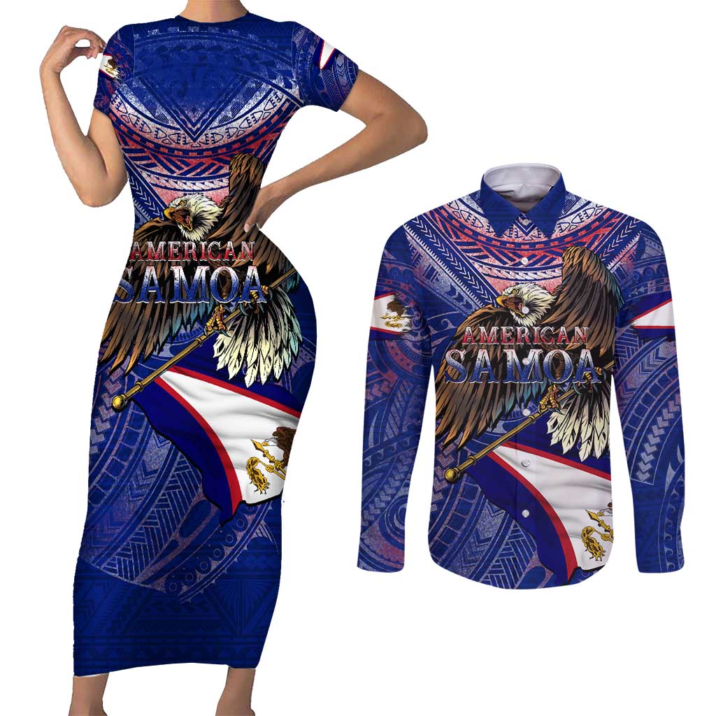 American Samoa Couples Matching Short Sleeve Bodycon Dress and Long Sleeve Button Shirt Brave Eagle Flag Color