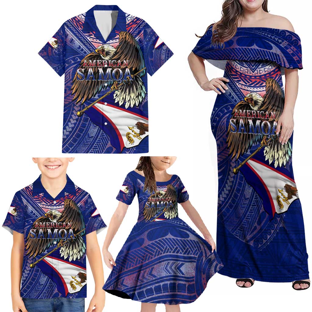 American Samoa Family Matching Off Shoulder Maxi Dress and Hawaiian Shirt Brave Eagle Flag Color