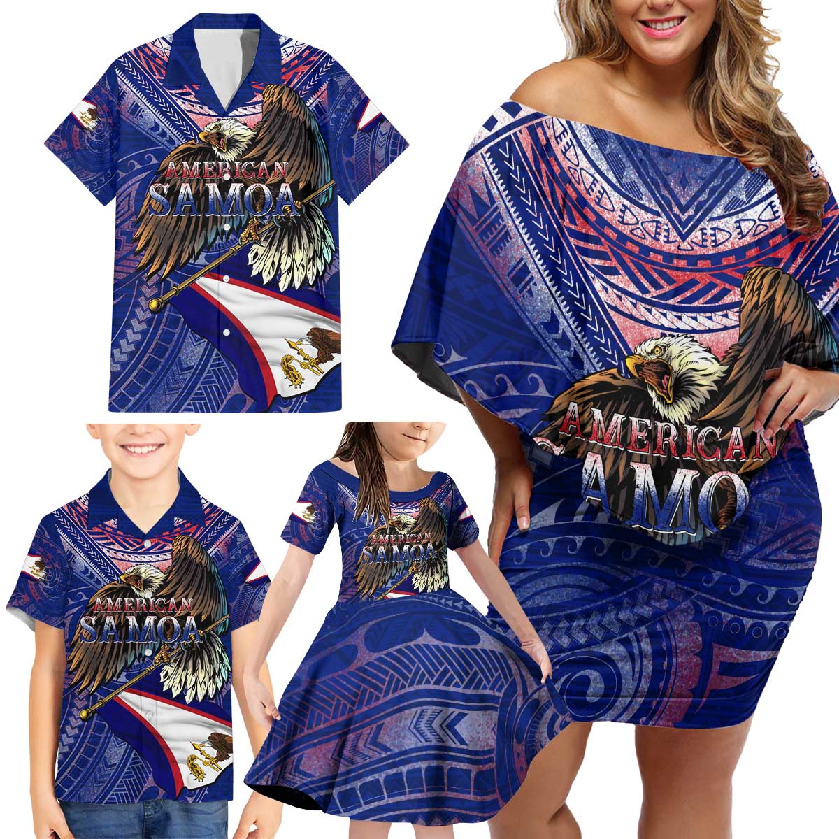 American Samoa Family Matching Off Shoulder Short Dress and Hawaiian Shirt Brave Eagle Flag Color