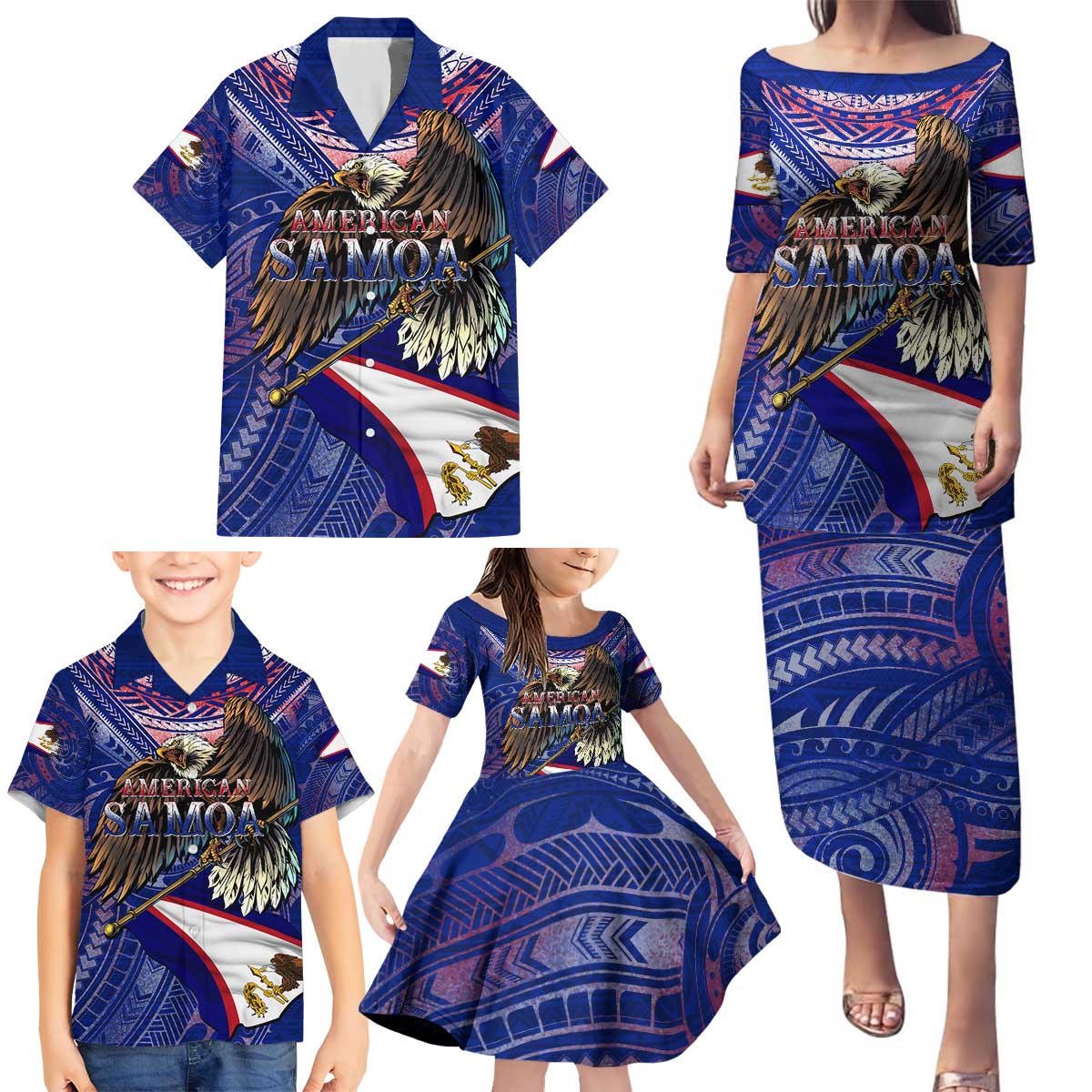 American Samoa Family Matching Puletasi and Hawaiian Shirt Brave Eagle Flag Color