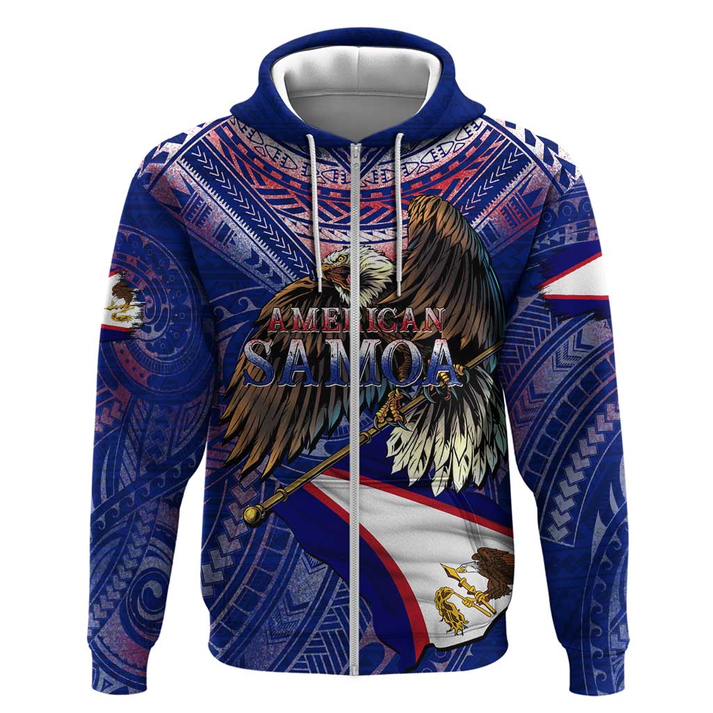 American Samoa Hoodie Brave Eagle Flag Color DT02 Zip Hoodie Blue - Polynesian Pride