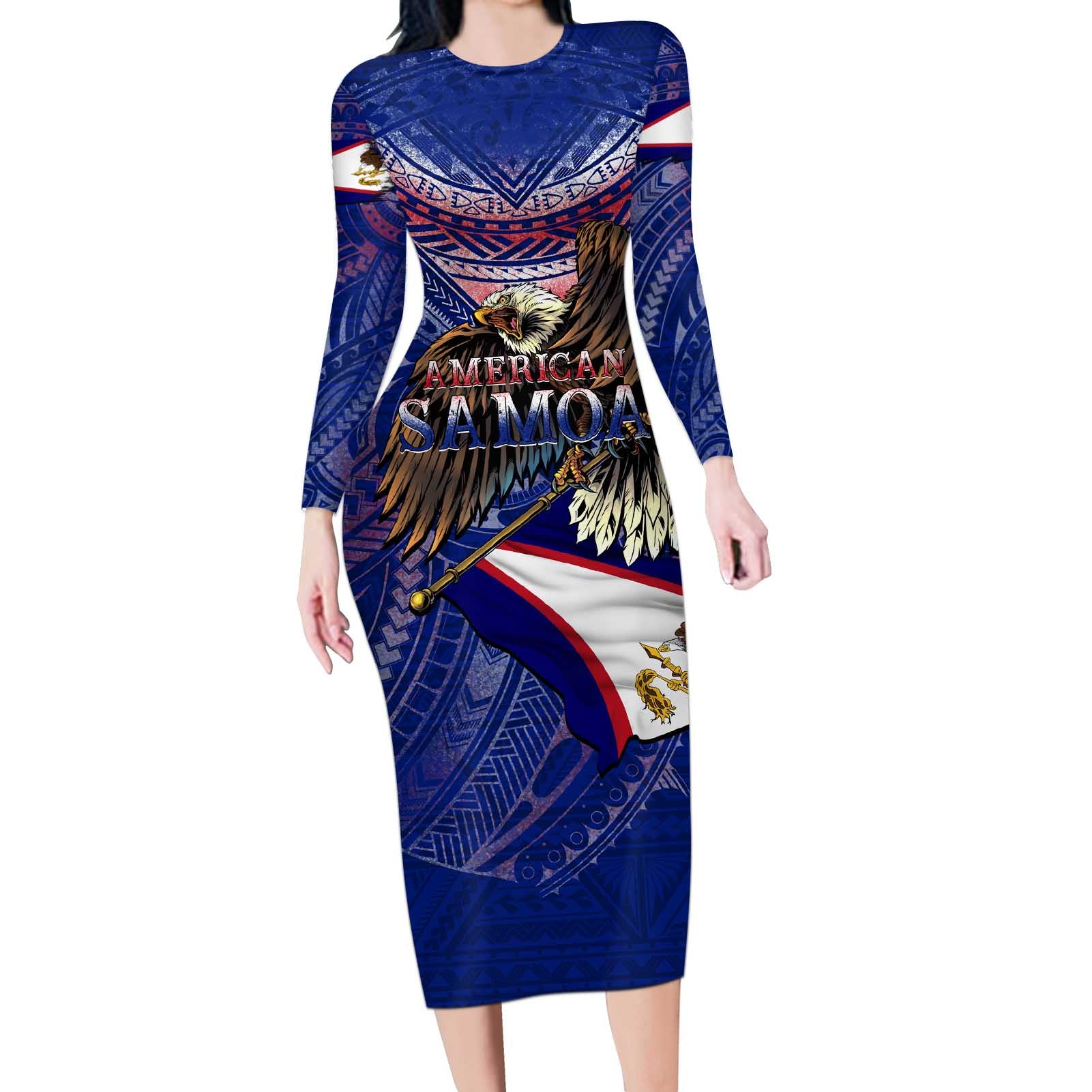 American Samoa Long Sleeve Bodycon Dress Brave Eagle Flag Color