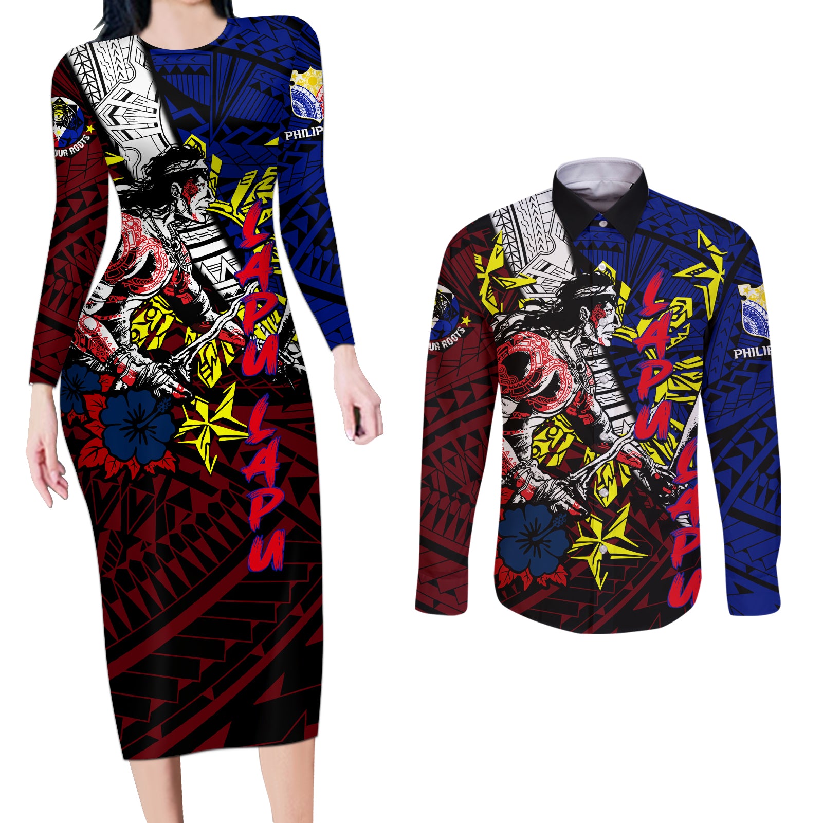 Philippines Lapu Lapu Couples Matching Long Sleeve Bodycon Dress and Long Sleeve Button Shirt Chief Filipino Tattoo DT02 Art - Polynesian Pride