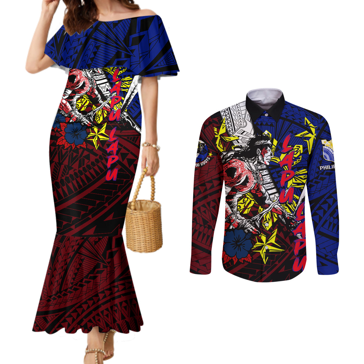 Philippines Lapu Lapu Couples Matching Mermaid Dress and Long Sleeve Button Shirt Chief Filipino Tattoo DT02 Art - Polynesian Pride