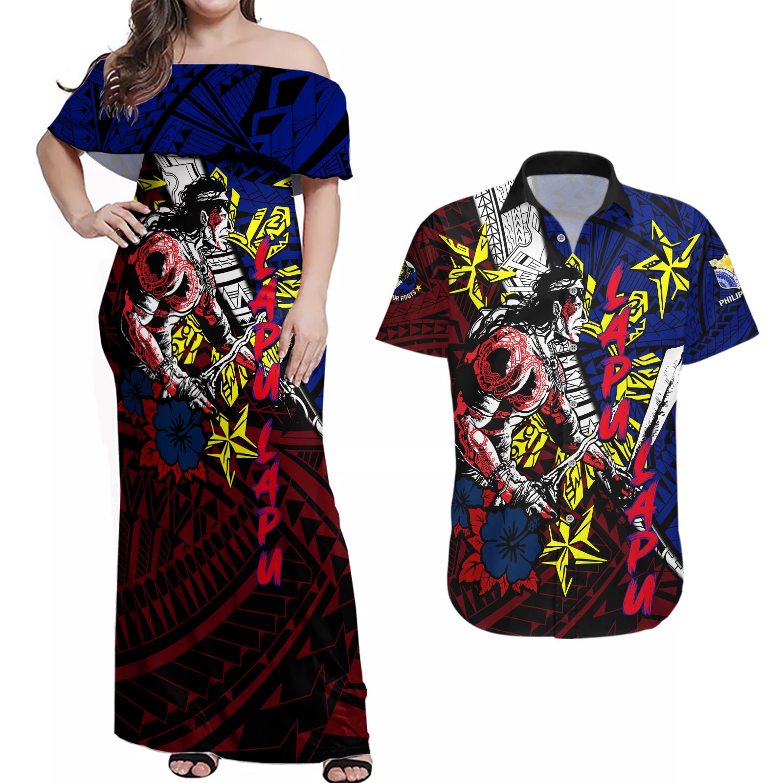 Philippines Lapu Lapu Couples Matching Off Shoulder Maxi Dress and Hawaiian Shirt Chief Filipino Tattoo DT02 Art - Polynesian Pride