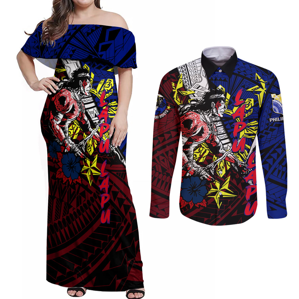 Philippines Lapu Lapu Couples Matching Off Shoulder Maxi Dress and Long Sleeve Button Shirt Chief Filipino Tattoo DT02 Art - Polynesian Pride