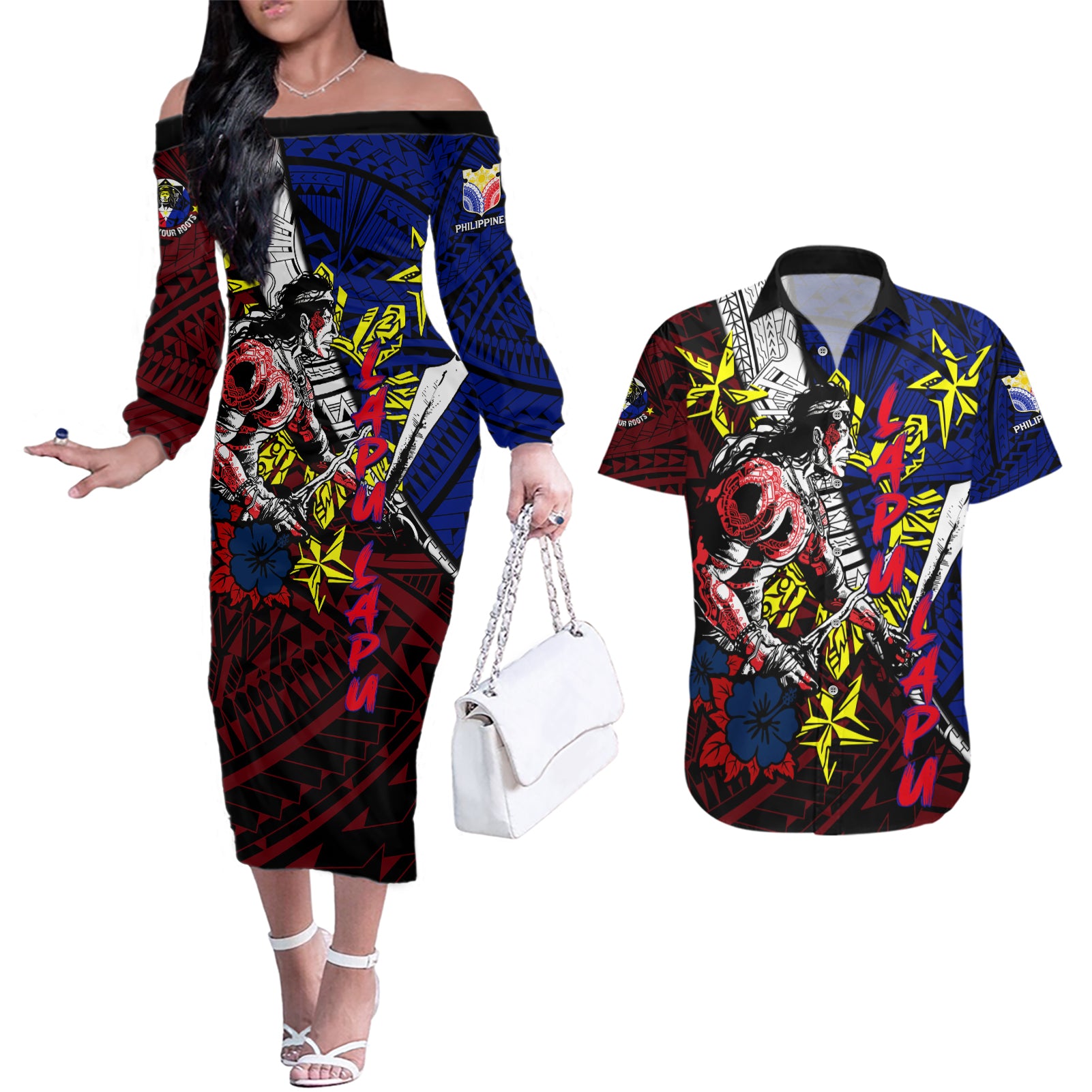 Philippines Lapu Lapu Couples Matching Off The Shoulder Long Sleeve Dress and Hawaiian Shirt Chief Filipino Tattoo DT02 Art - Polynesian Pride