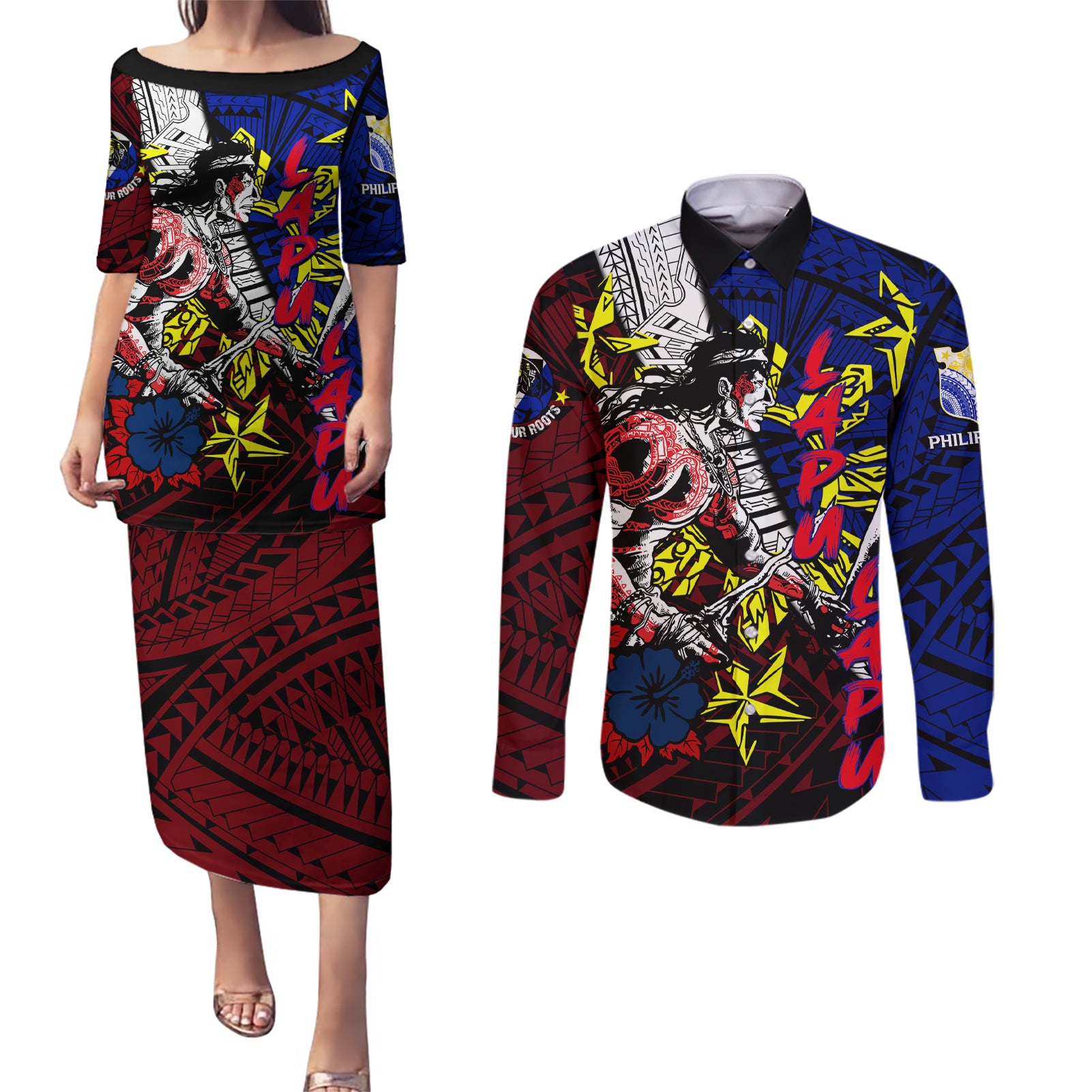 Philippines Lapu Lapu Couples Matching Puletasi Dress and Long Sleeve Button Shirt Chief Filipino Tattoo DT02 Art - Polynesian Pride