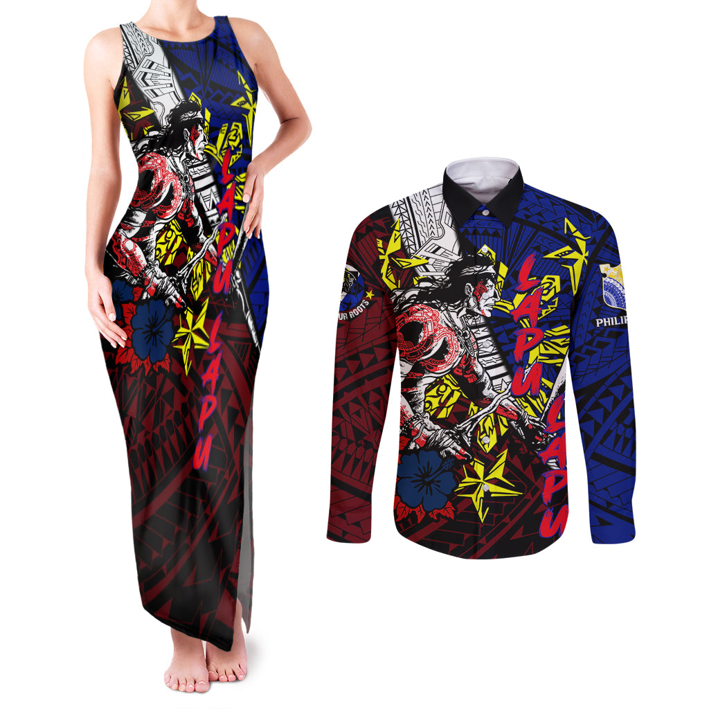 Philippines Lapu Lapu Couples Matching Tank Maxi Dress and Long Sleeve Button Shirt Chief Filipino Tattoo DT02 Art - Polynesian Pride